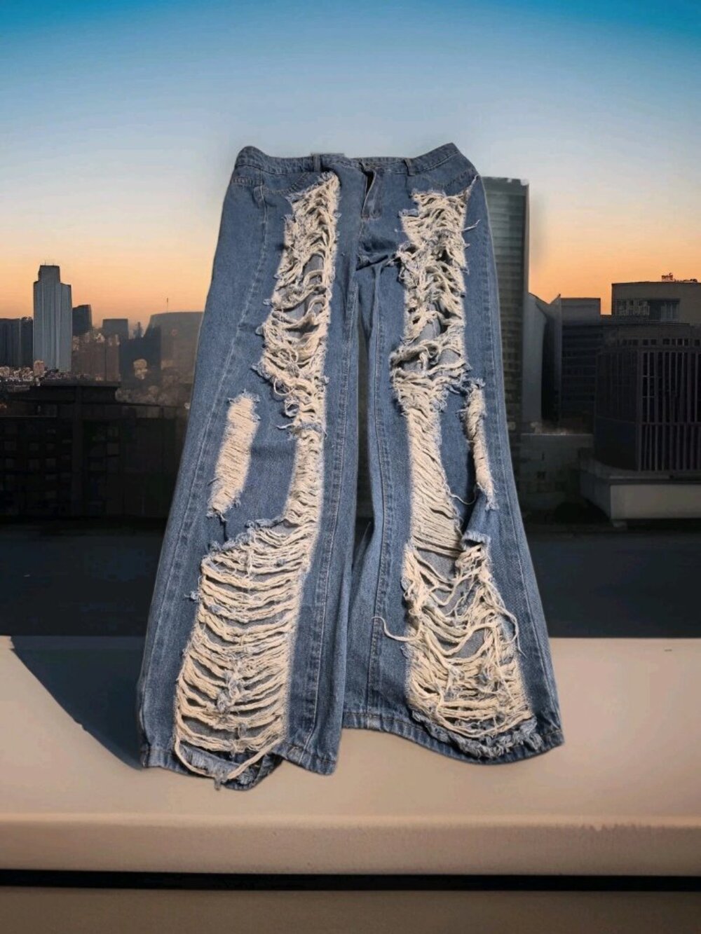 Women's Jeans Street Slant Pocket Distressed Light Wash Denim Jeans 2XL